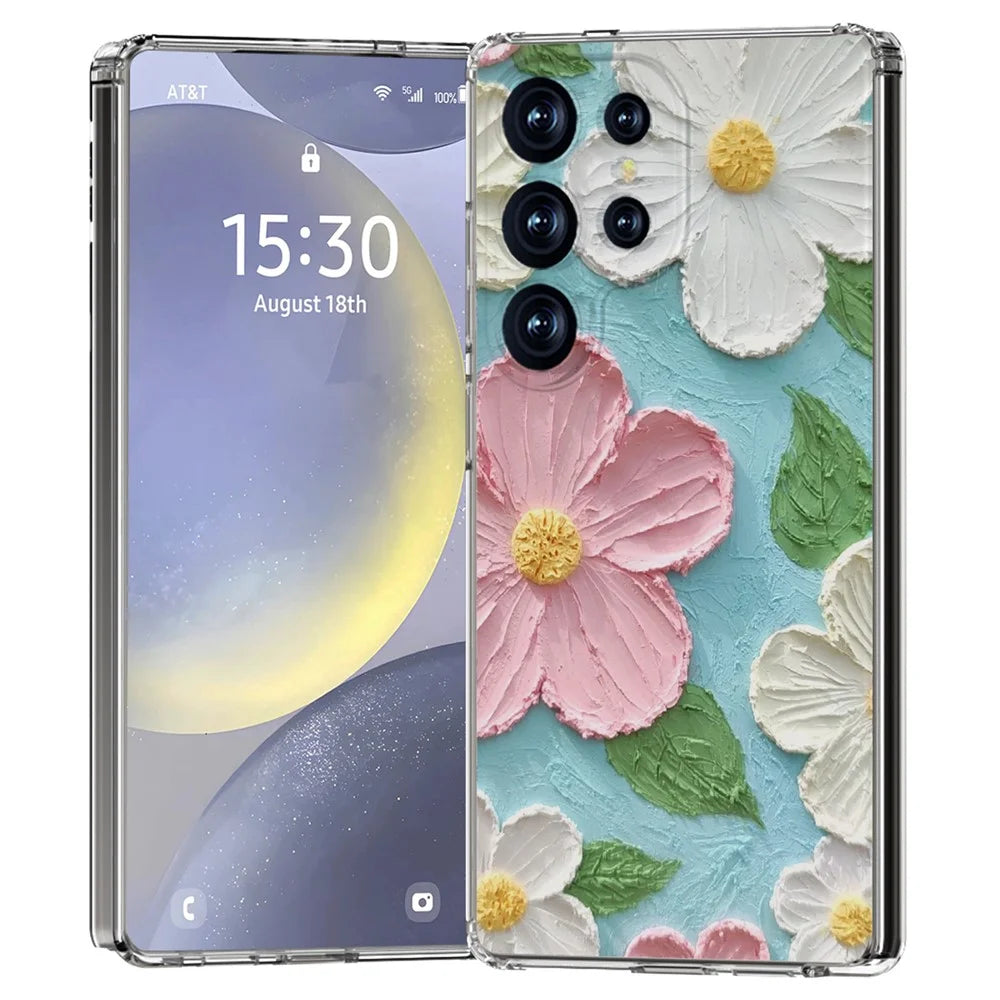 For Samsung Galaxy S25 Ultra Phone Case IMD Pattern Print PC TPU Mobile Cover - Pink White Flower - 1