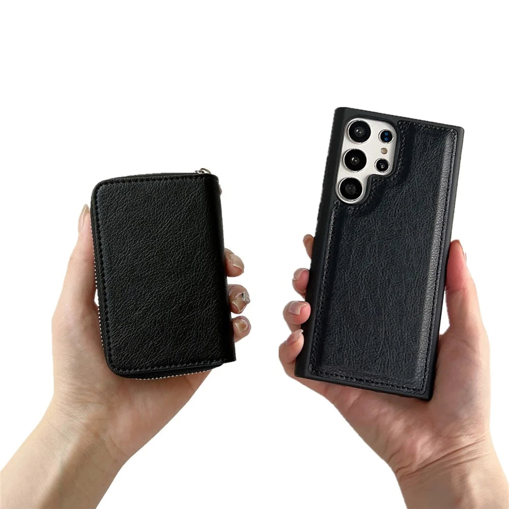 For Samsung Galaxy S25 Ultra Case Detachable Zipper Card Bag PU TPU Kickstand Phone Case with Strap - Black - 4