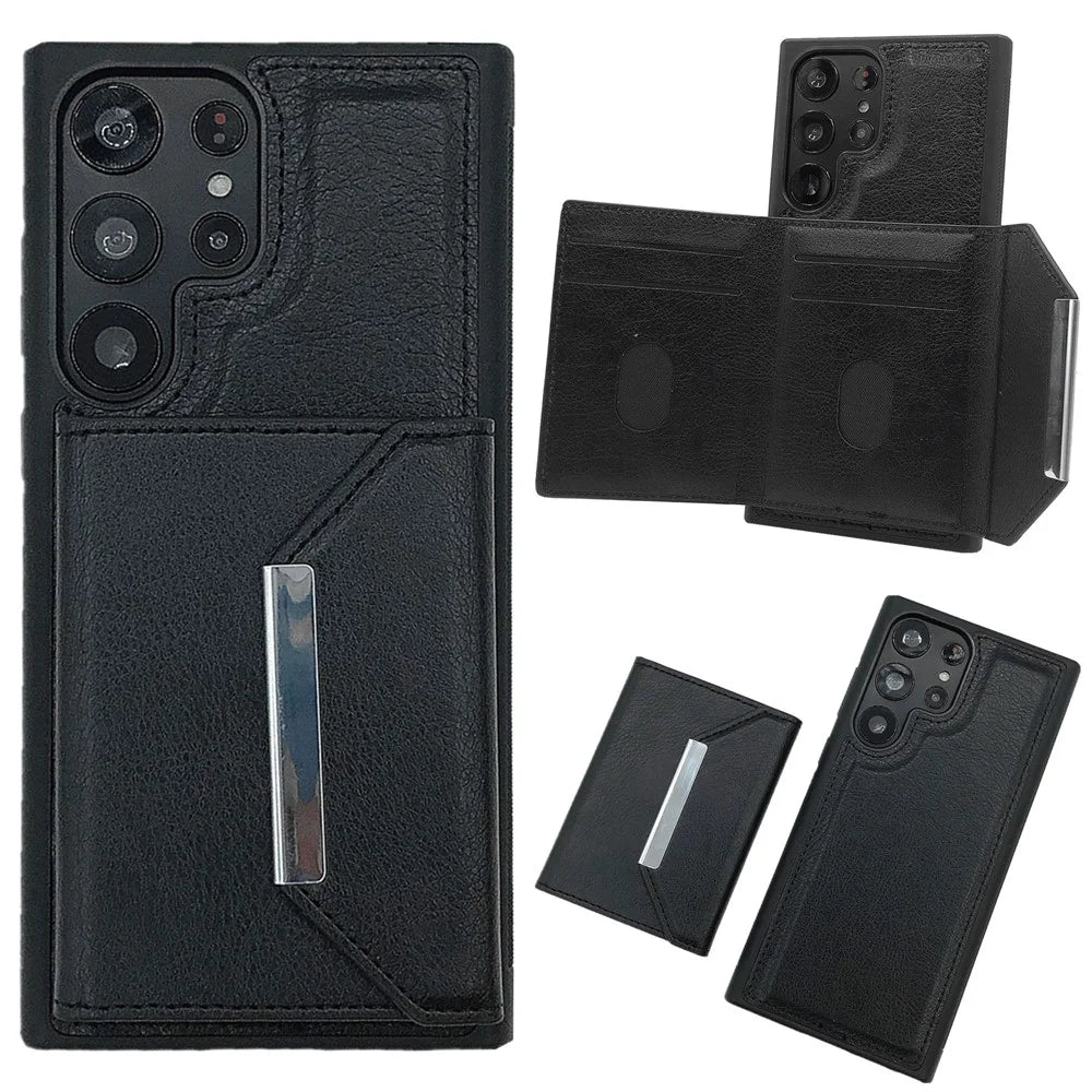 For Samsung Galaxy S25 Ultra Case Card Bag Kickstand TPU + PU Phone Cover - Black - 1