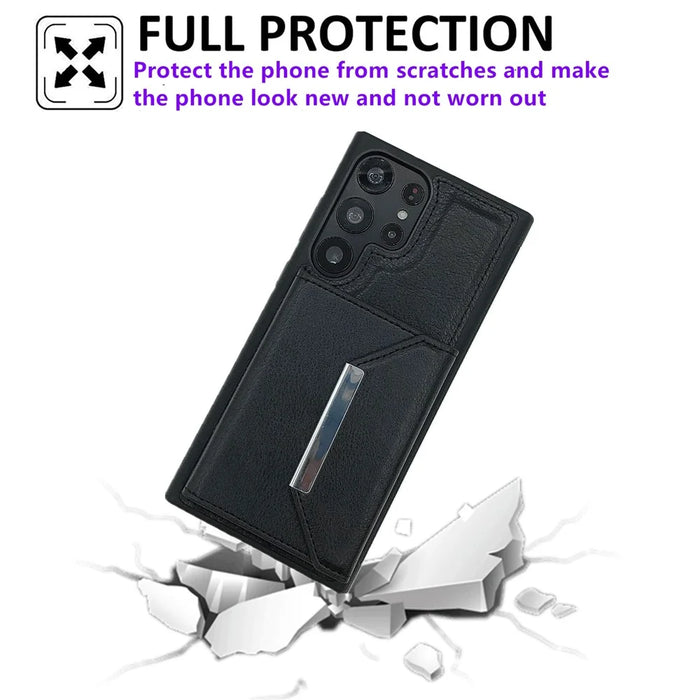 For Samsung Galaxy S25 Ultra Case Card Bag Kickstand TPU + PU Phone Cover - Black - 7