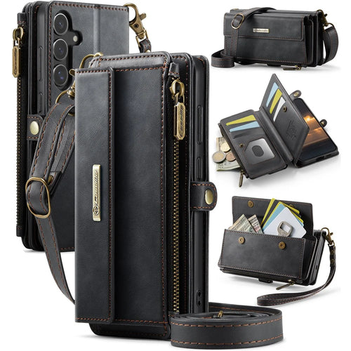 CASEME For Samsung Galaxy S25 Case  C39 RFID Blocking Zipper Wallet Stand Leather Cover with Strap - Black - 1