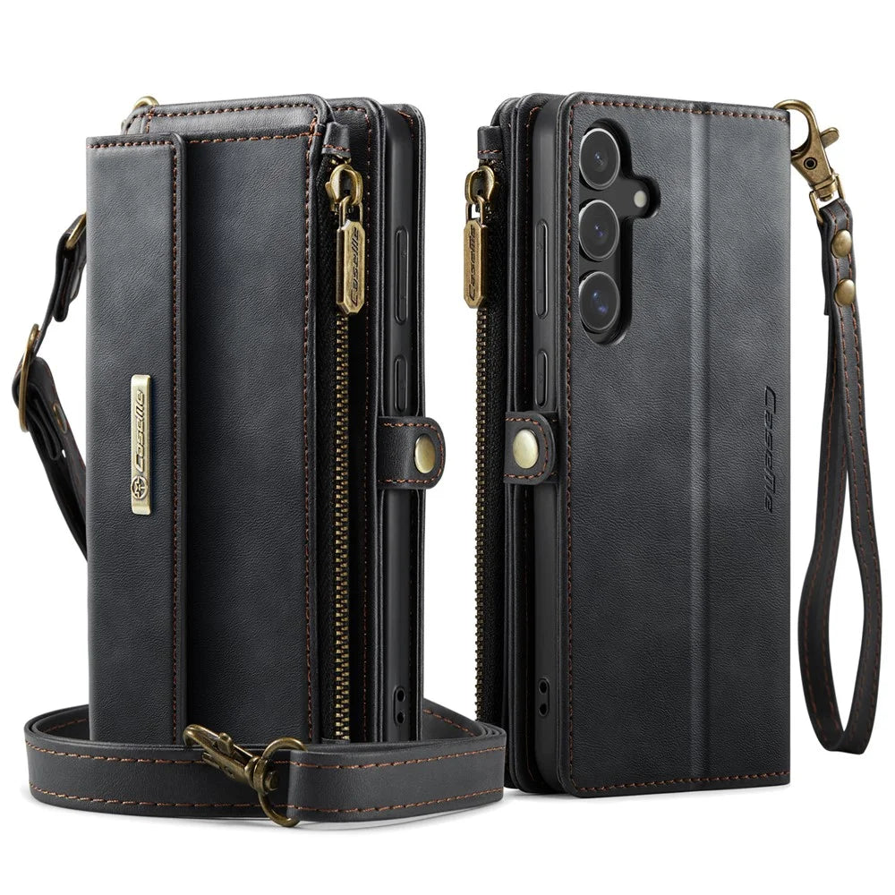 CASEME For Samsung Galaxy S25 Case  C39 RFID Blocking Zipper Wallet Stand Leather Cover with Strap - Black - 2