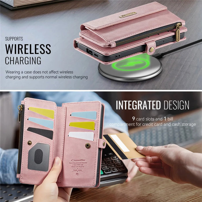 CASEME For Samsung Galaxy S25+ Case  C39 RFID Blocking Zipper Wallet Stand Leather Cover with Strap - Pink - 7