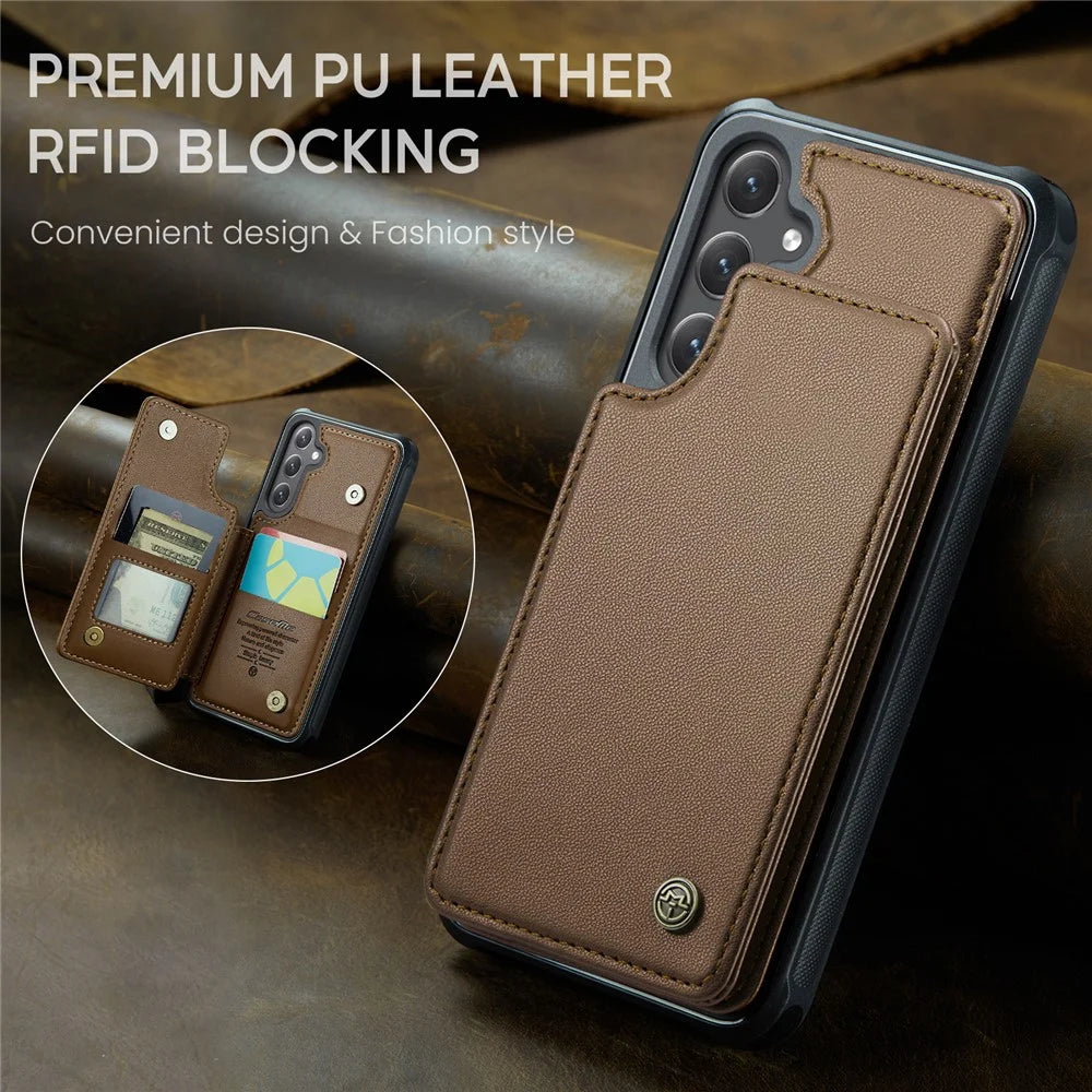 CASEME For Samsung Galaxy S25 Phone Case  C22 Leather Back Cover with RFID Blocking Card Slots - Brown - 5