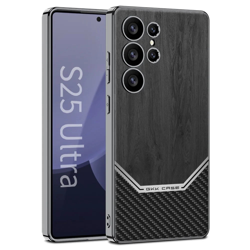 GKK For Samsung Galaxy S25 Ultra Case Electroplated PC TPU PU Leather Phone Cover Wood Grain - Black - 1