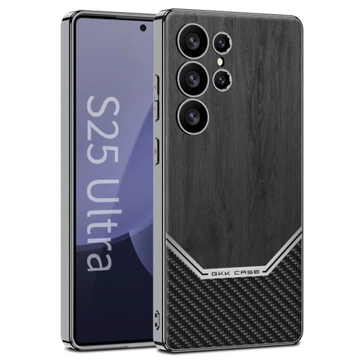 GKK For Samsung Galaxy S25 Ultra Case Electroplated PC TPU PU Leather Phone Cover Wood Grain - Black - 1