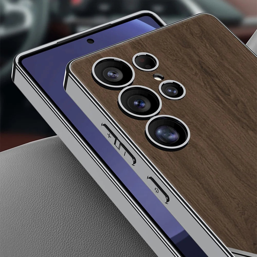 GKK For Samsung Galaxy S25 Ultra Case Electroplated PC TPU PU Leather Phone Cover Wood Grain - Black - 6