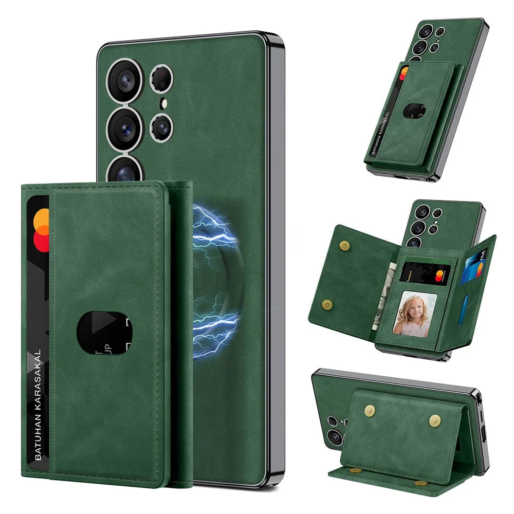 GKK For Samsung Galaxy S25 Ultra Matte Case PU TPU PC Phone Back Cover Magnetic Detachable Wallet - Green - 1