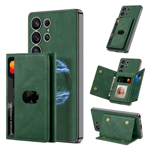 GKK For Samsung Galaxy S25 Ultra Matte Case PU TPU PC Phone Back Cover Magnetic Detachable Wallet - Green - 1