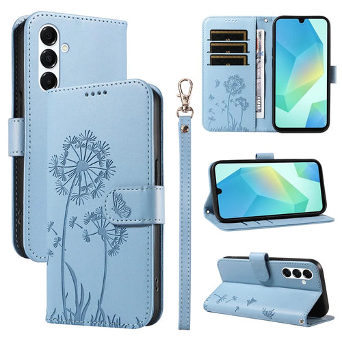For Samsung Galaxy A55 5G Leather Case Wallet Phone Cover Dandelion Imprint - Sky Blue - 1
