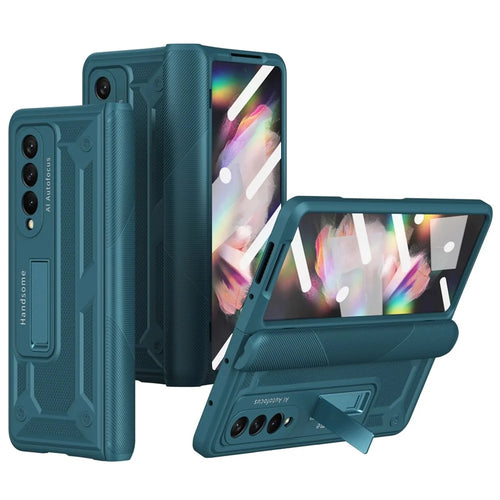 For Samsung Galaxy Z Fold4 5G Anti-drop Folding Phone Case Kickstand Magnetic Hinge Smartphone Cover with Tempered Glass Screen Protector Film - Green - 1