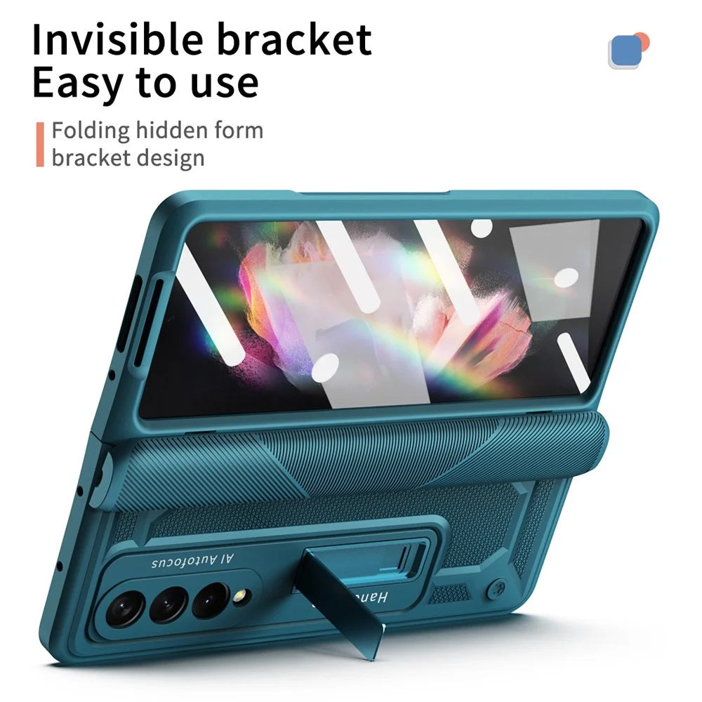 For Samsung Galaxy Z Fold4 5G Anti-drop Folding Phone Case Kickstand Magnetic Hinge Smartphone Cover with Tempered Glass Screen Protector Film - Green - 2