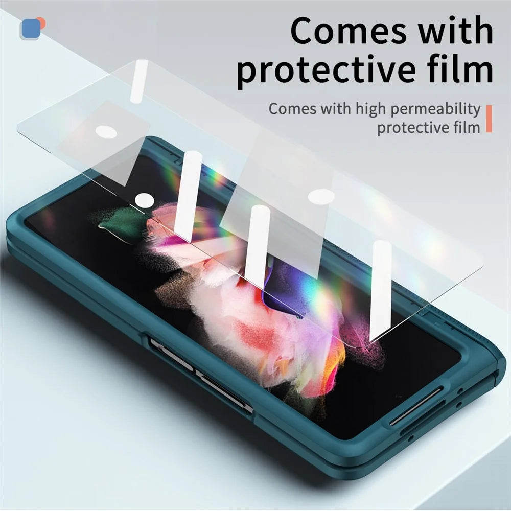 For Samsung Galaxy Z Fold4 5G Anti-drop Folding Phone Case Kickstand Magnetic Hinge Smartphone Cover with Tempered Glass Screen Protector Film - Green - 6