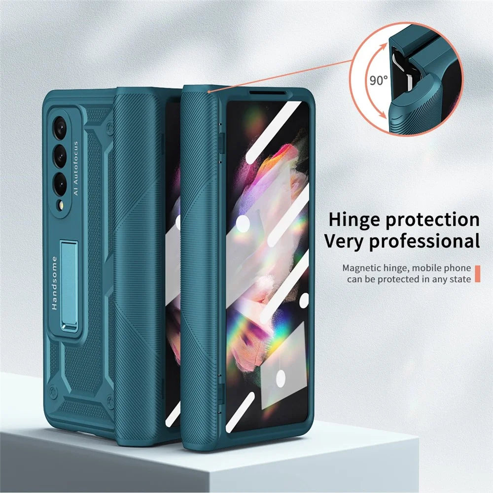 For Samsung Galaxy Z Fold4 5G Anti-drop Folding Phone Case Kickstand Magnetic Hinge Smartphone Cover with Tempered Glass Screen Protector Film - Green - 7