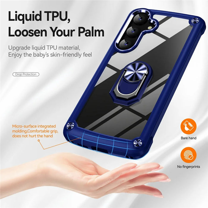 For Samsung Galaxy S24 FE Case Alloy Lens Frame PC + TPU Kickstand Phone Back Cover - Blue - 3