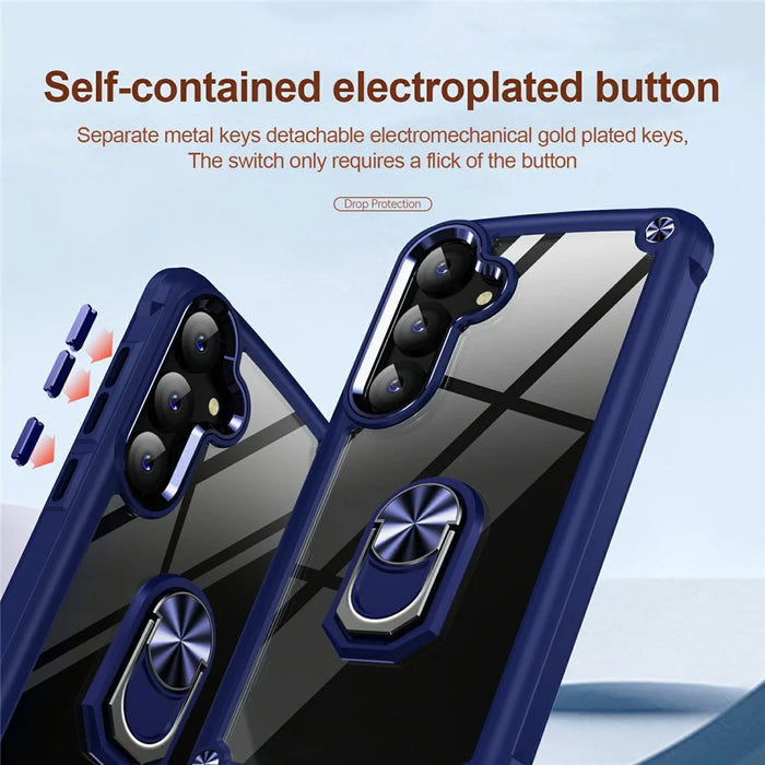 For Samsung Galaxy S24 FE Case Alloy Lens Frame PC + TPU Kickstand Phone Back Cover - Blue - 6