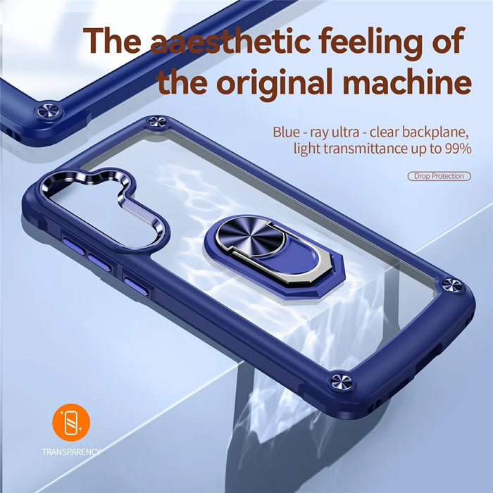For Samsung Galaxy S24 FE Case Alloy Lens Frame PC + TPU Kickstand Phone Back Cover - Blue - 7
