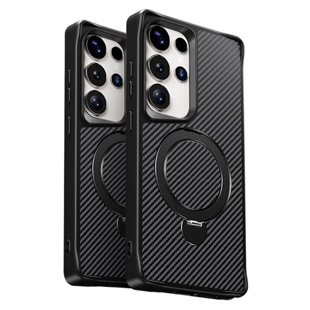 For Samsung Galaxy S25 Ultra Phone Case with Magnetic Kickstand TPU + PC Carbon Fiber Back Cover - Black - 2