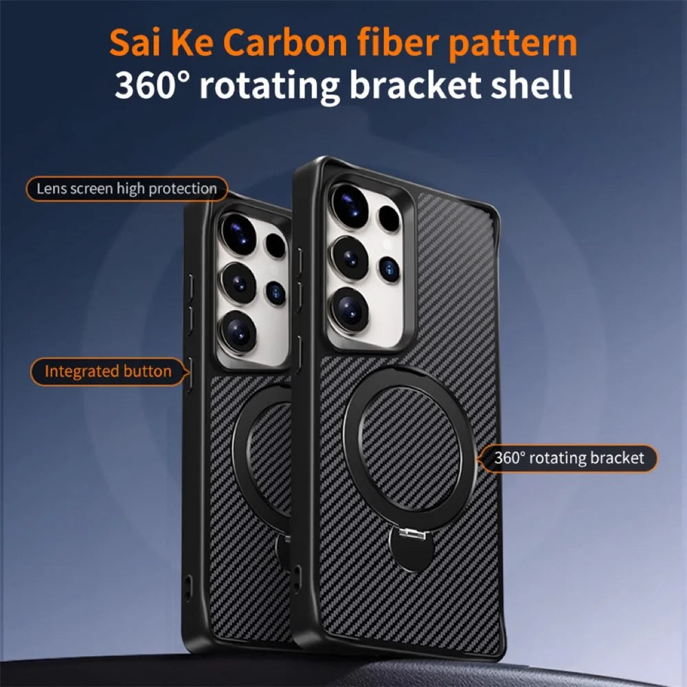 For Samsung Galaxy S25 Ultra Phone Case with Magnetic Kickstand TPU + PC Carbon Fiber Back Cover - Black - 4