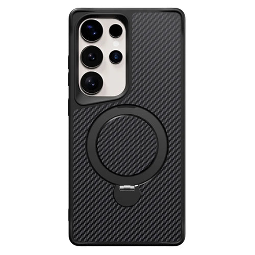 For Samsung Galaxy S24 Ultra Phone Case with Magnetic Kickstand TPU + PC Carbon Fiber Back Cover - Black - 1