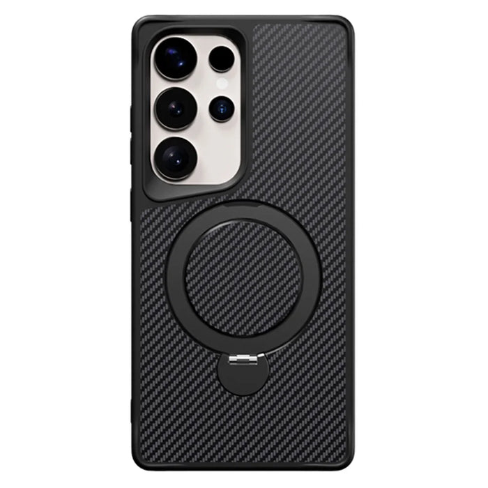 For Samsung Galaxy S24 Ultra Phone Case with Magnetic Kickstand TPU + PC Carbon Fiber Back Cover - Black - 1