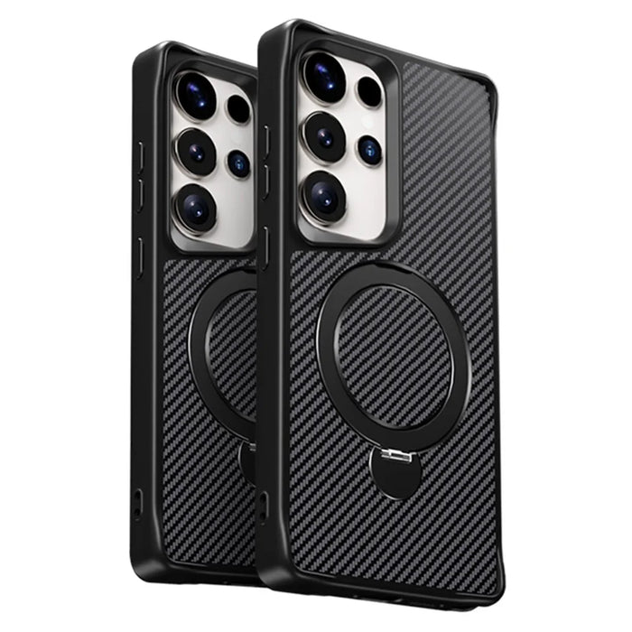 For Samsung Galaxy S24 Ultra Phone Case with Magnetic Kickstand TPU + PC Carbon Fiber Back Cover - Black - 2