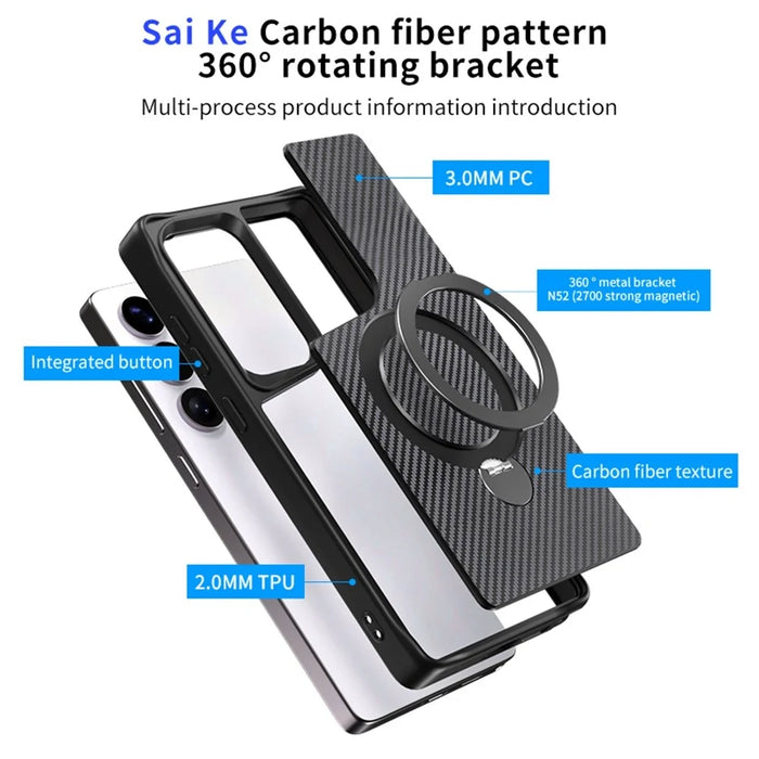 For Samsung Galaxy S24 Ultra Phone Case with Magnetic Kickstand TPU + PC Carbon Fiber Back Cover - Black - 3