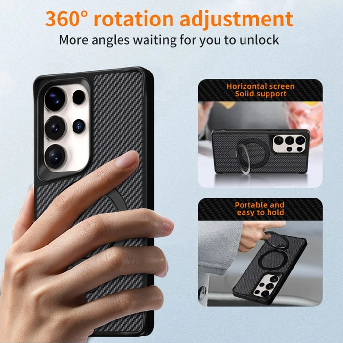 For Samsung Galaxy S24 Ultra Phone Case with Magnetic Kickstand TPU + PC Carbon Fiber Back Cover - Black - 5