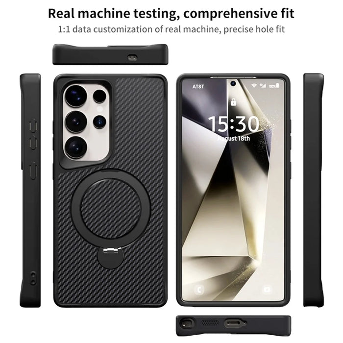 For Samsung Galaxy S24 Ultra Phone Case with Magnetic Kickstand TPU + PC Carbon Fiber Back Cover - Black - 7