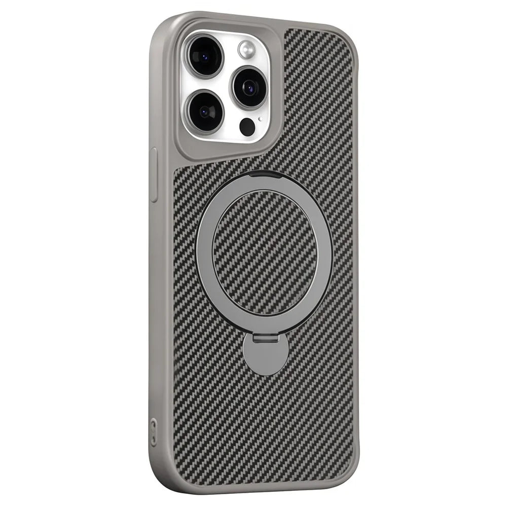 For iPhone 15 Pro Phone Case with Magnetic Kickstand TPU + PC Carbon Fiber Back Cover - Grey - 1