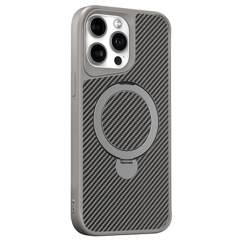 For iPhone 15 Pro Phone Case with Magnetic Kickstand TPU + PC Carbon Fiber Back Cover - Grey - 1