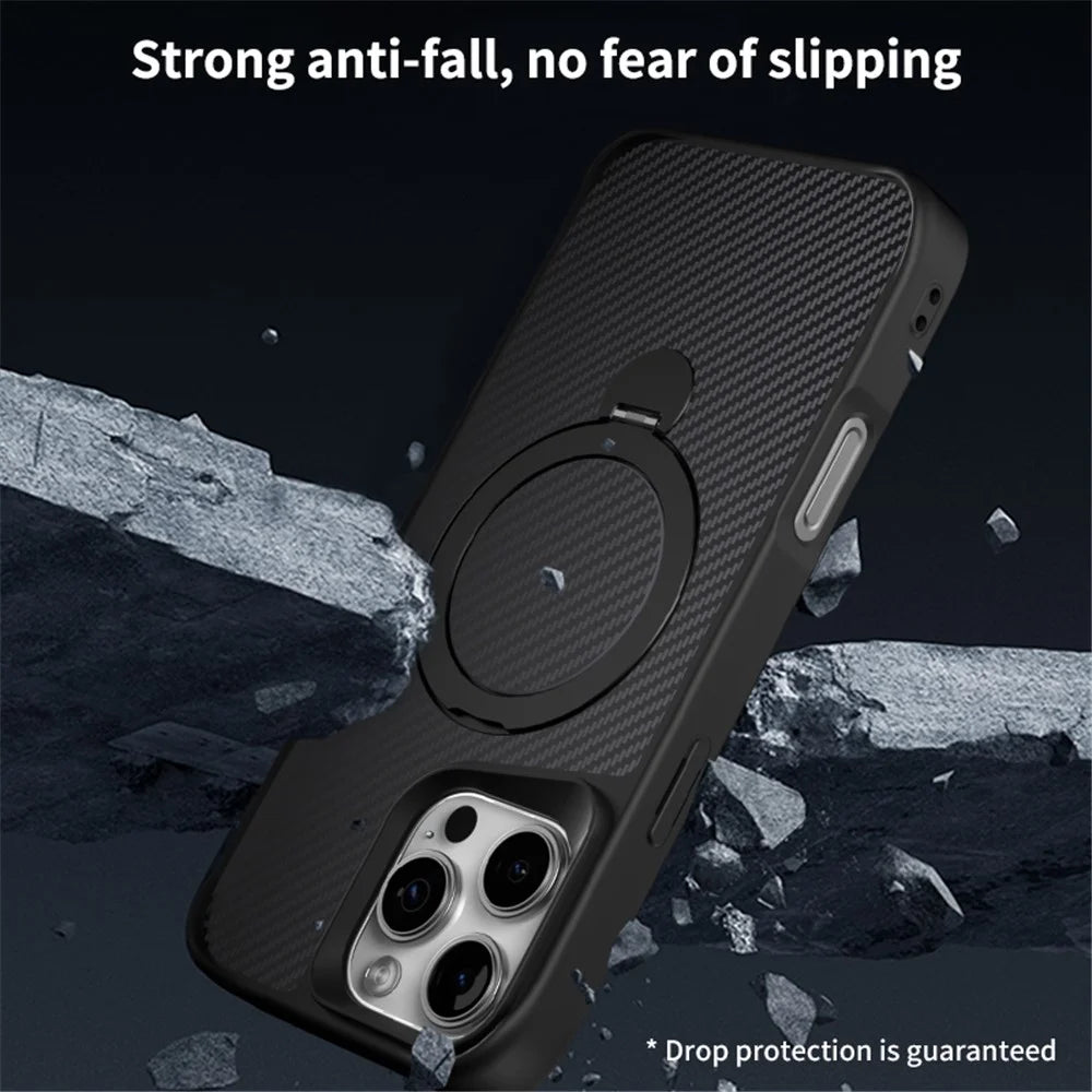 For iPhone 15 Pro Phone Case with Magnetic Kickstand TPU + PC Carbon Fiber Back Cover - Grey - 5