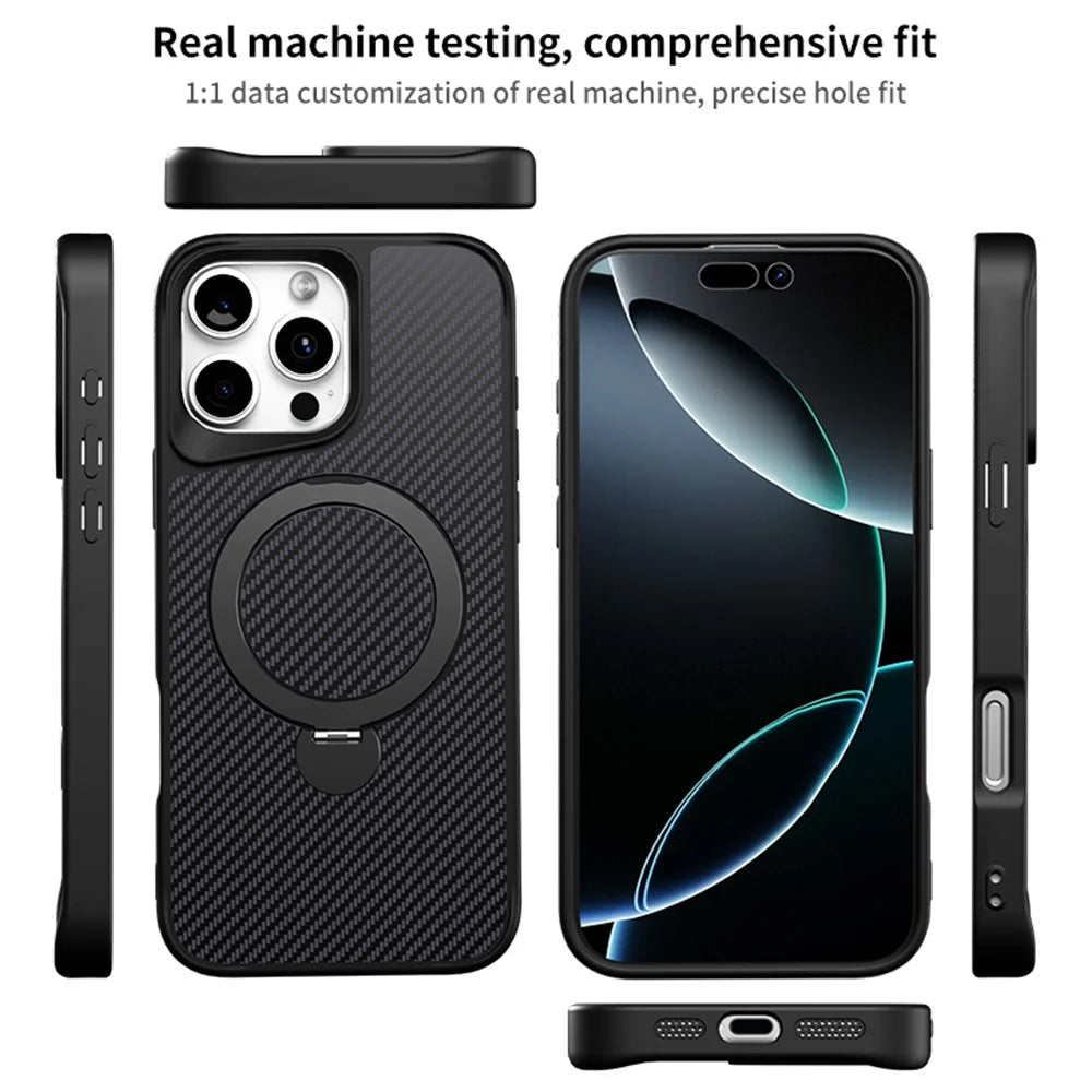 For iPhone 15 Pro Phone Case with Magnetic Kickstand TPU + PC Carbon Fiber Back Cover - Grey - 6