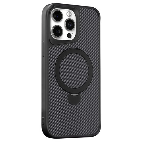 For iPhone 15 Pro Max Phone Case with Magnetic Kickstand TPU + PC Carbon Fiber Back Cover - Black - 1