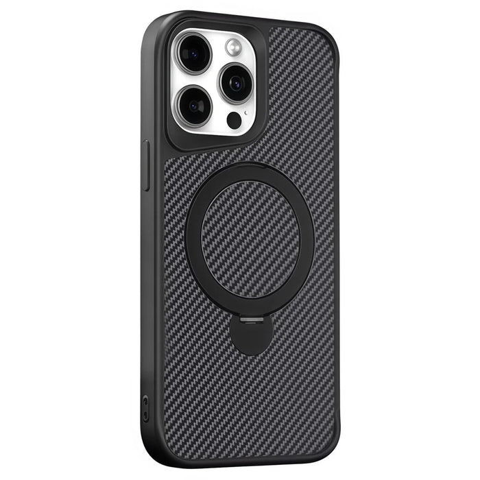 For iPhone 15 Pro Max Phone Case with Magnetic Kickstand TPU + PC Carbon Fiber Back Cover - Black - 1