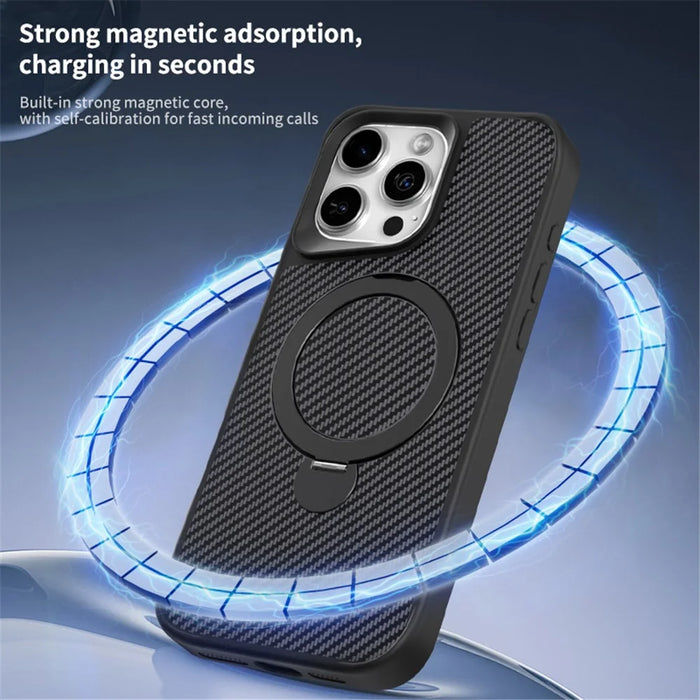 For iPhone 15 Pro Max Phone Case with Magnetic Kickstand TPU + PC Carbon Fiber Back Cover - Black - 4