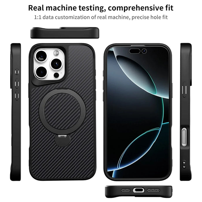 For iPhone 15 Pro Max Phone Case with Magnetic Kickstand TPU + PC Carbon Fiber Back Cover - Black - 6