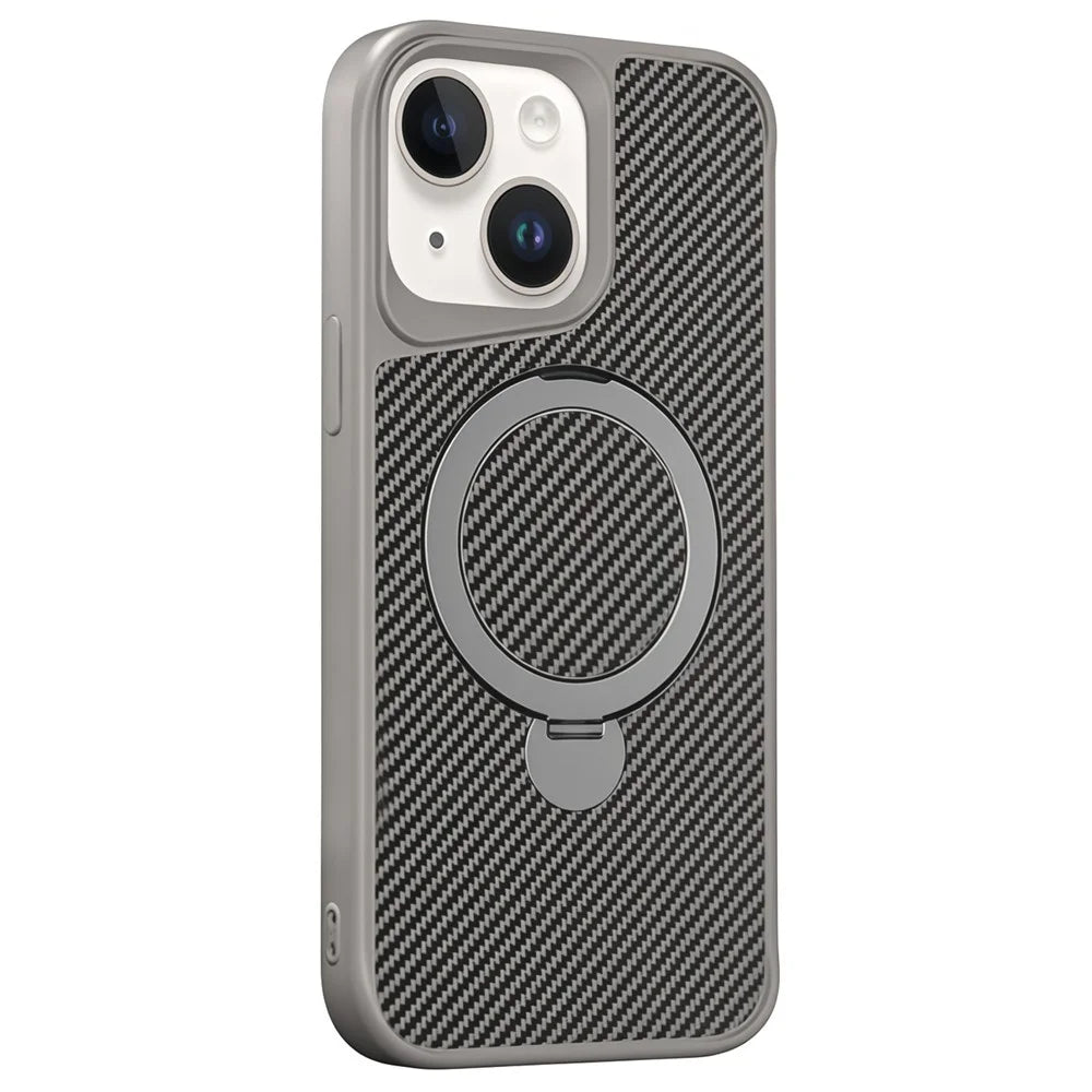 For iPhone 15 Phone Case with Magnetic Kickstand TPU + PC Carbon Fiber Back Cover - Grey - 1