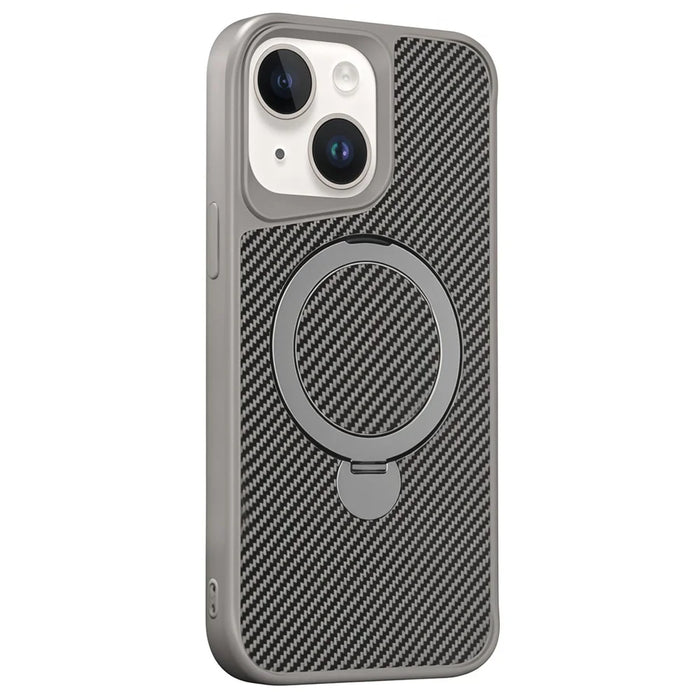 For iPhone 15 Phone Case with Magnetic Kickstand TPU + PC Carbon Fiber Back Cover - Grey - 1