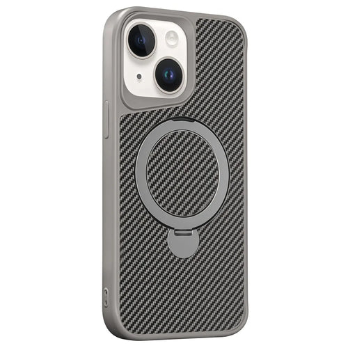 For iPhone 14 Phone Case with Magnetic Kickstand TPU + PC Carbon Fiber Back Cover - Grey - 1