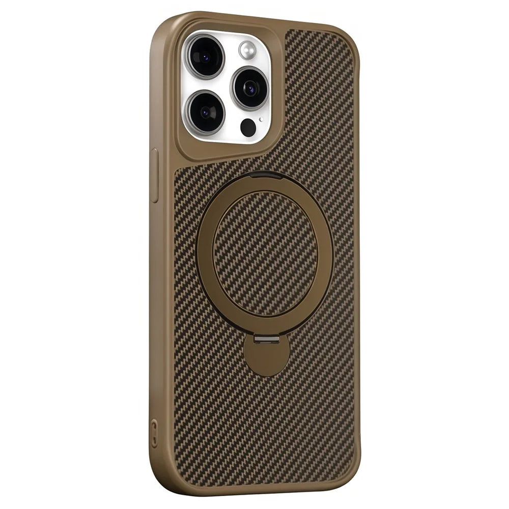 For iPhone 14 Pro Max Phone Case with Magnetic Kickstand TPU + PC Carbon Fiber Back Cover - Brown - 1