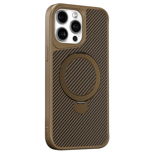 For iPhone 14 Pro Max Phone Case with Magnetic Kickstand TPU + PC Carbon Fiber Back Cover - Brown - 1