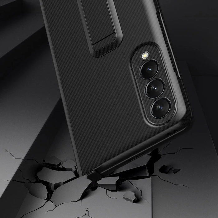 Drop-proof Phone Case for Samsung Galaxy Z Fold4 5G, Carbon Fiber Texture Protective Phone Cover with Kickstand - Cyan - 4