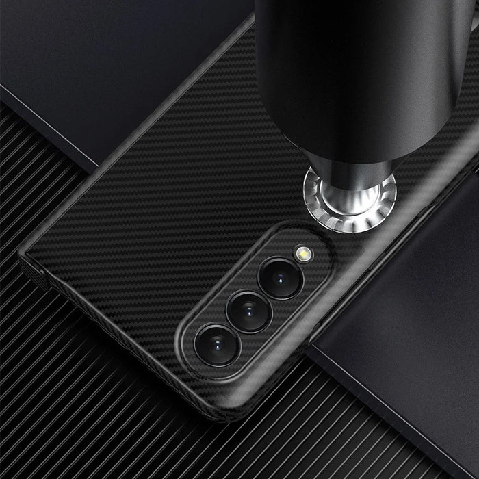 Drop-proof Phone Case for Samsung Galaxy Z Fold4 5G, Carbon Fiber Texture Protective Phone Cover with Kickstand - Cyan - 5