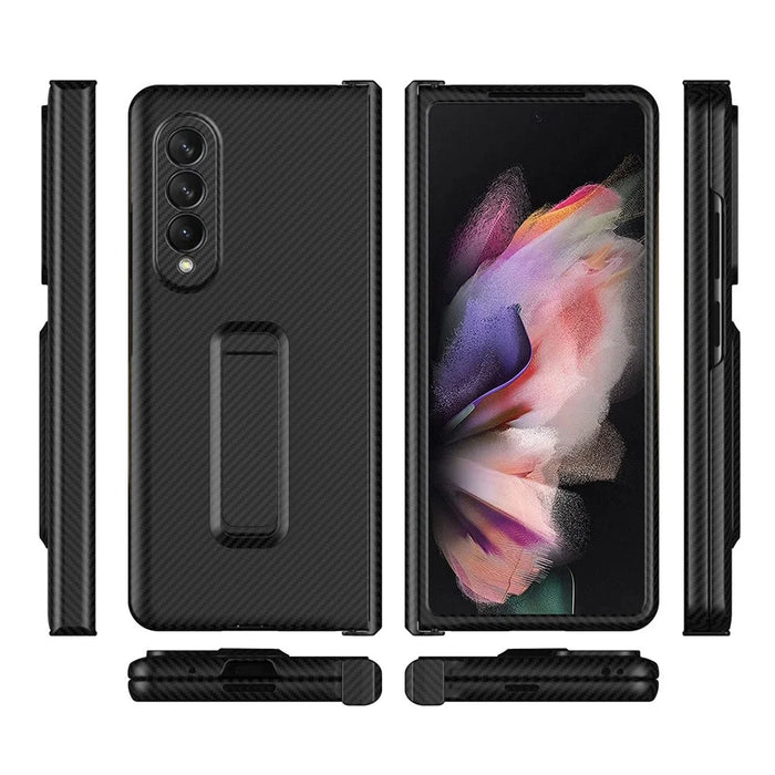 Drop-proof Phone Case for Samsung Galaxy Z Fold4 5G, Carbon Fiber Texture Protective Phone Cover with Kickstand - Cyan - 6