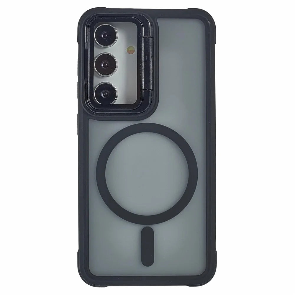 For Samsung Galaxy S25 / S24 Magnetic Case Lens Cover Kickstand Matte Back Cover - Black - 3