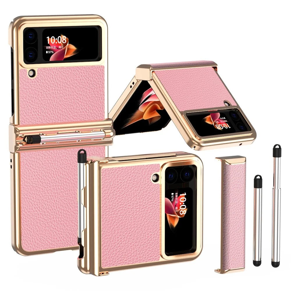 For Samsung Galaxy Z Flip3 5G Anti-scratch Phone Case with Two Hinges Litchi Texture Folding Cell Phone Protective Cover with Telescopic Stylus - Gold / Pink - 1