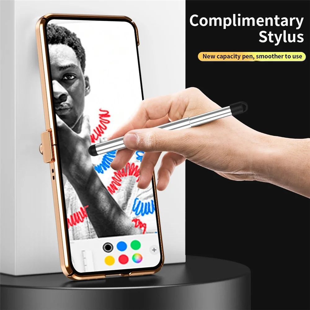 For Samsung Galaxy Z Flip3 5G Anti-scratch Phone Case with Two Hinges Litchi Texture Folding Cell Phone Protective Cover with Telescopic Stylus - Gold / Pink - 3