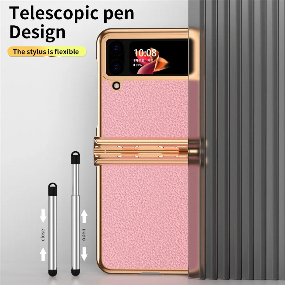 For Samsung Galaxy Z Flip3 5G Anti-scratch Phone Case with Two Hinges Litchi Texture Folding Cell Phone Protective Cover with Telescopic Stylus - Gold / Pink - 4