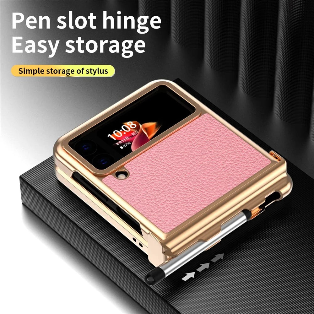 For Samsung Galaxy Z Flip3 5G Anti-scratch Phone Case with Two Hinges Litchi Texture Folding Cell Phone Protective Cover with Telescopic Stylus - Gold / Pink - 6